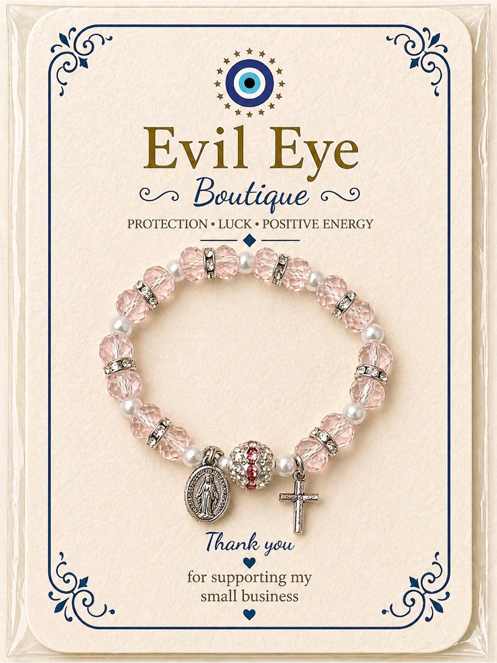 Pink Beaded Charm Bracelet with Cross and Medal